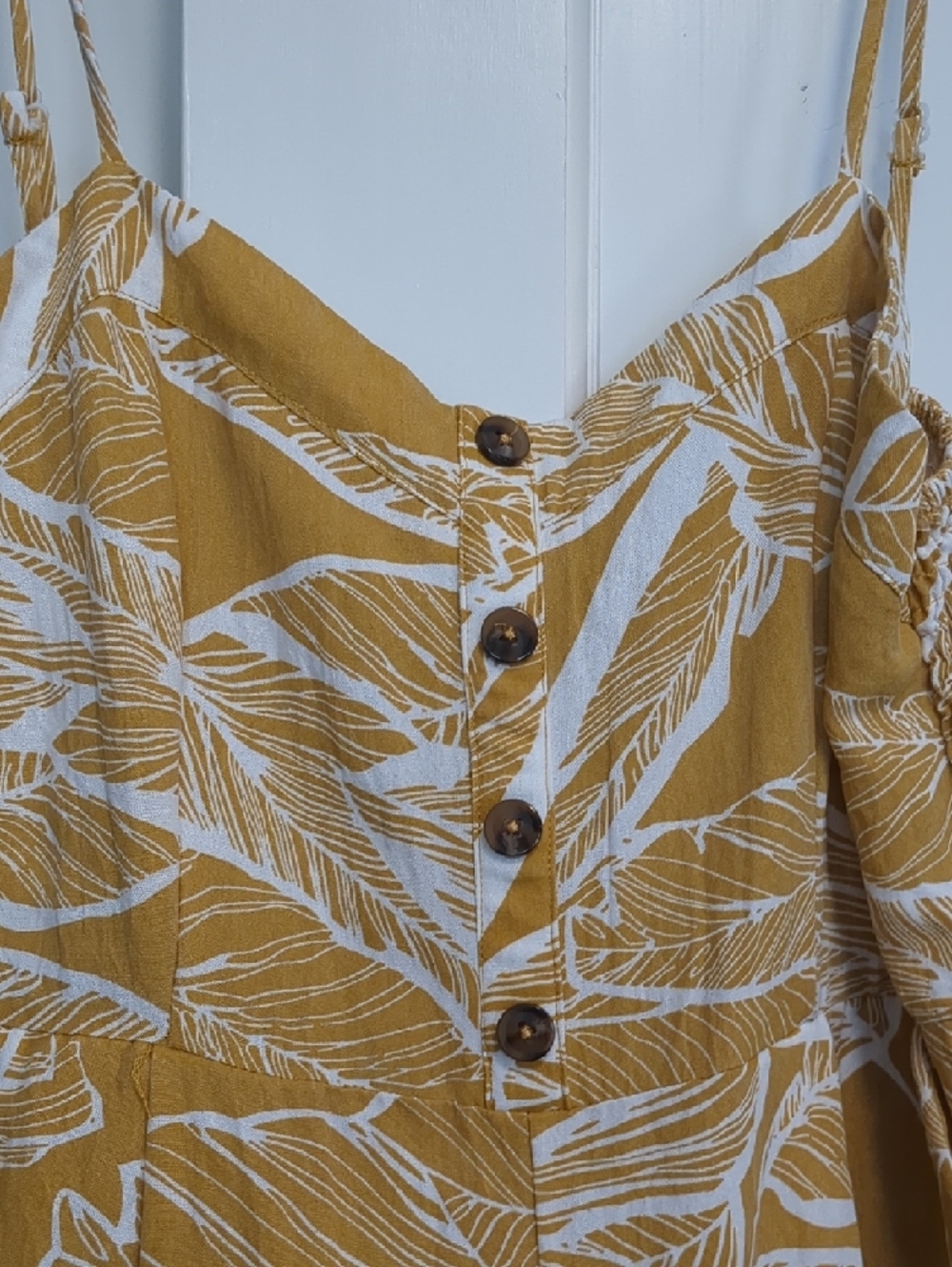 Mustard Yellow Leaf-Print Spaghetti Strap Jumpsuit - Picture 3 of 10